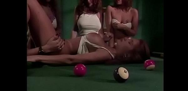  A group of young chicks arrange lesbian games on the pool table
